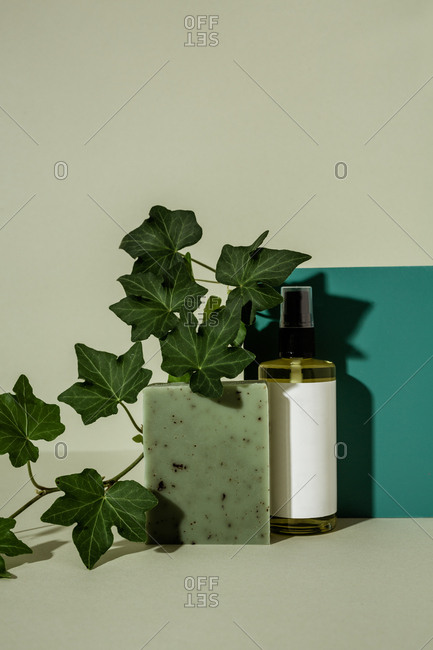 Natural green soap with spray oil and ivy leaves