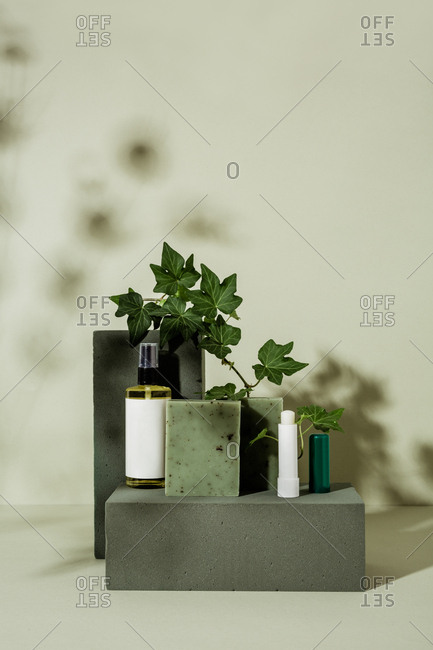 Natural soap, lip balm, and oil with ivy leaves