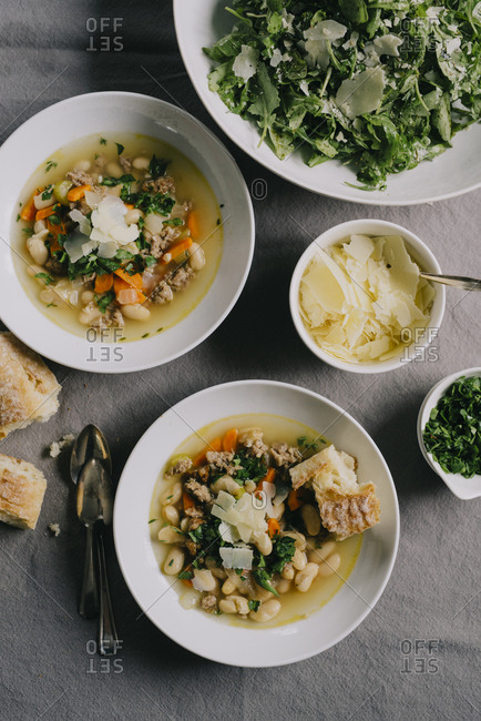 High angle view of food served on table