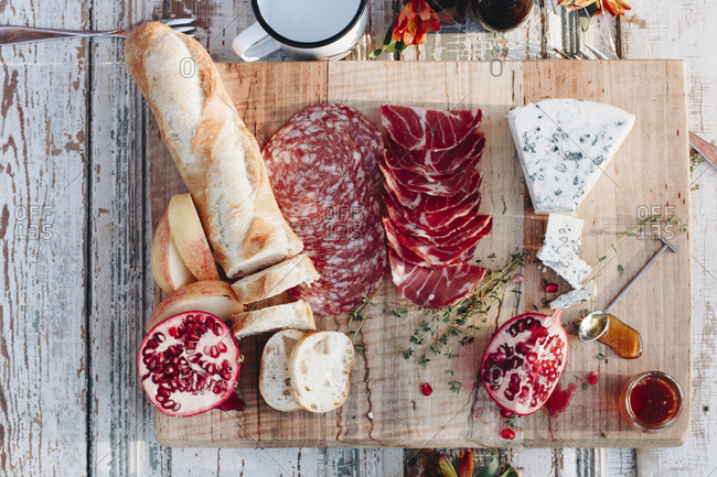 Overhead view of food on cutting board