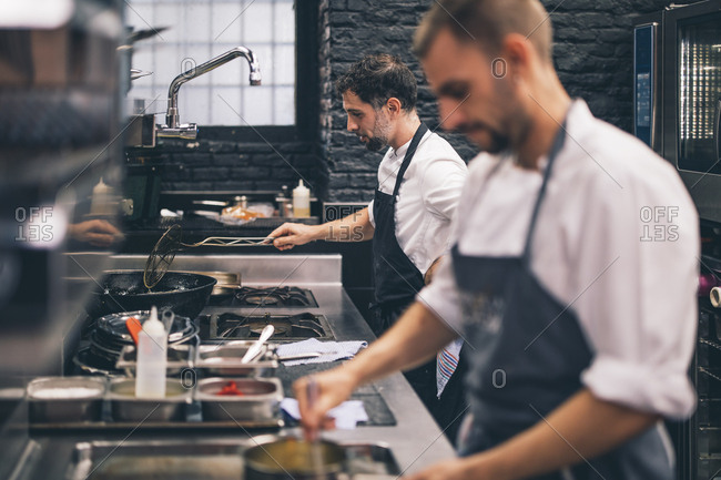 Two cooks at work in a restaurant kitchen