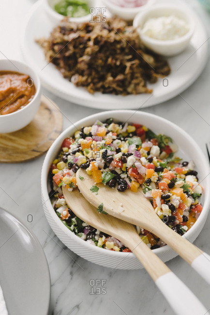 High angle view of food served on table
