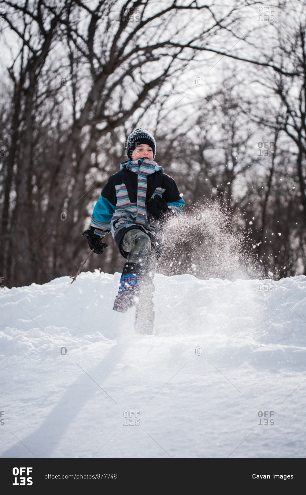 Young boy kicking snow in air on a winter day in wooded area.