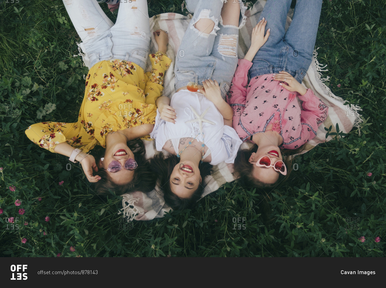High angle view of happy female friends lying on picnic blanket amidst plants in forest