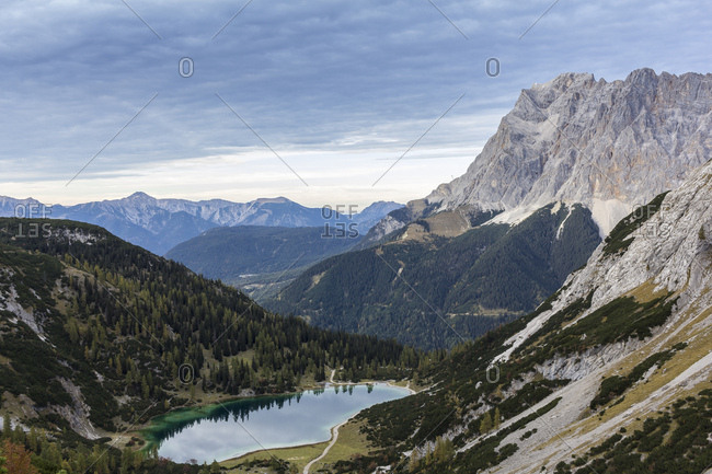 Austria, tyrol, seebensee in front of zugspitze