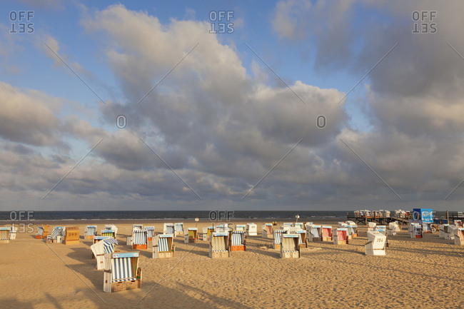 August 21, 2012: beach chairs on the beach of saint peter ording, peninsula eiderstedt, nordfriesland (district), schleswig holstein, germany