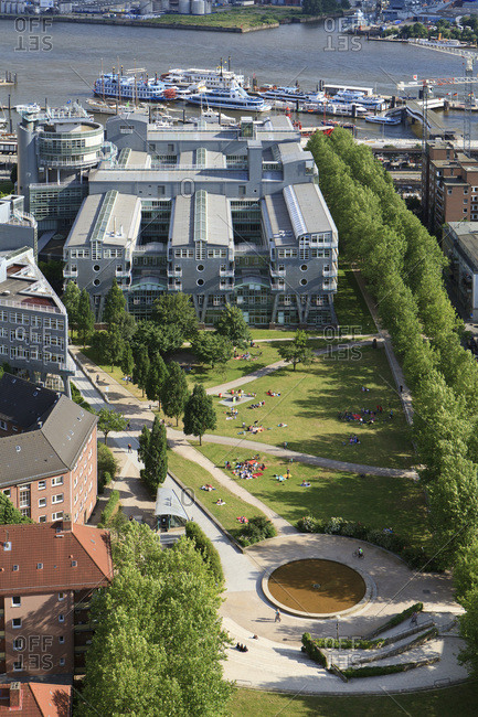 June 15, 2014: view from michel on the city of hamburg with office building of gruner + jahr at the baumwall.