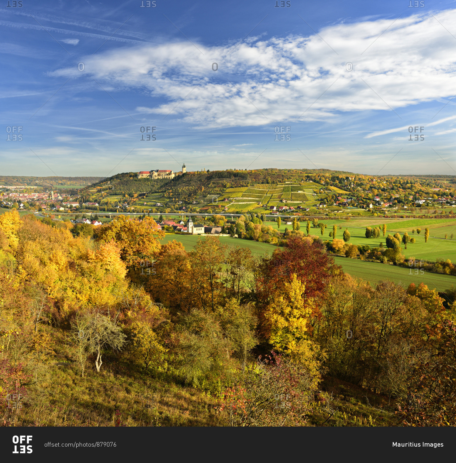 Germany, saxony-anhalt, burgenlandkreis (district), freyburg, looking into unstruttal with freyburg, neuenburg castle and vineyards, autumn
