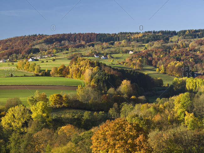 Germany, hessia, hessian Rhon nature reserve, unesco biosphere reserve, view over the autumn-colorful Rhon to sandberg close gersfeld