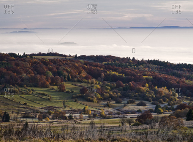 Germany, bavaria, Rhon biosphere reserve, unesco biosphere reserve, long Rhon nature reserve, autumn on the high Rhon, looking into thuringian Rhon, valley fog