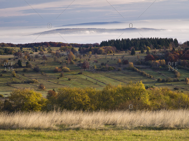 Germany, bavaria, Rhon biosphere reserve, unesco biosphere reserve, long Rhon nature reserve, autumn on the high Rhon, looking into ellenbogen in the thuringian Rhon, valley fog