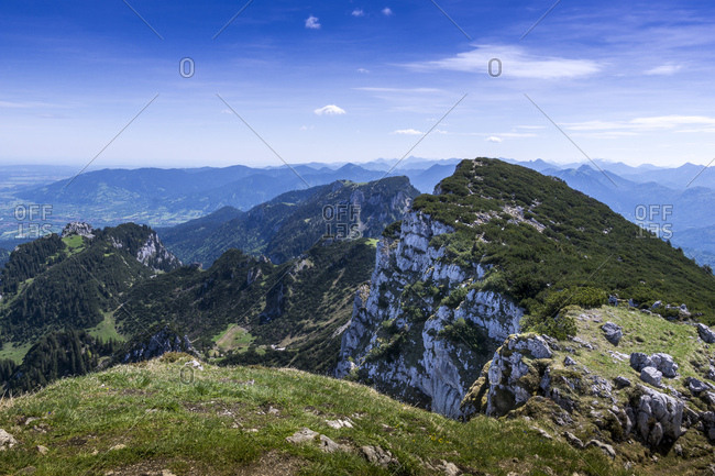 Germany, bavaria, bavarian alps, lenggries, view about the benediktenwand in the direction of brauneck