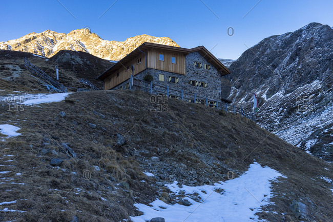 Austria, tyrol, the stubai alps, gries in the sulztal, amberger hut in the sulztal in the evening light