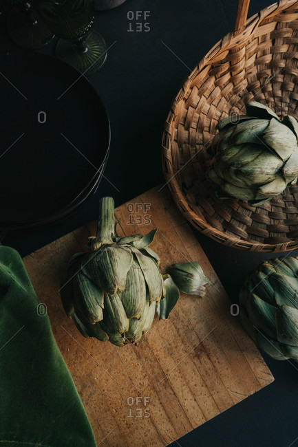 Top view of artichoke on a kitchen table