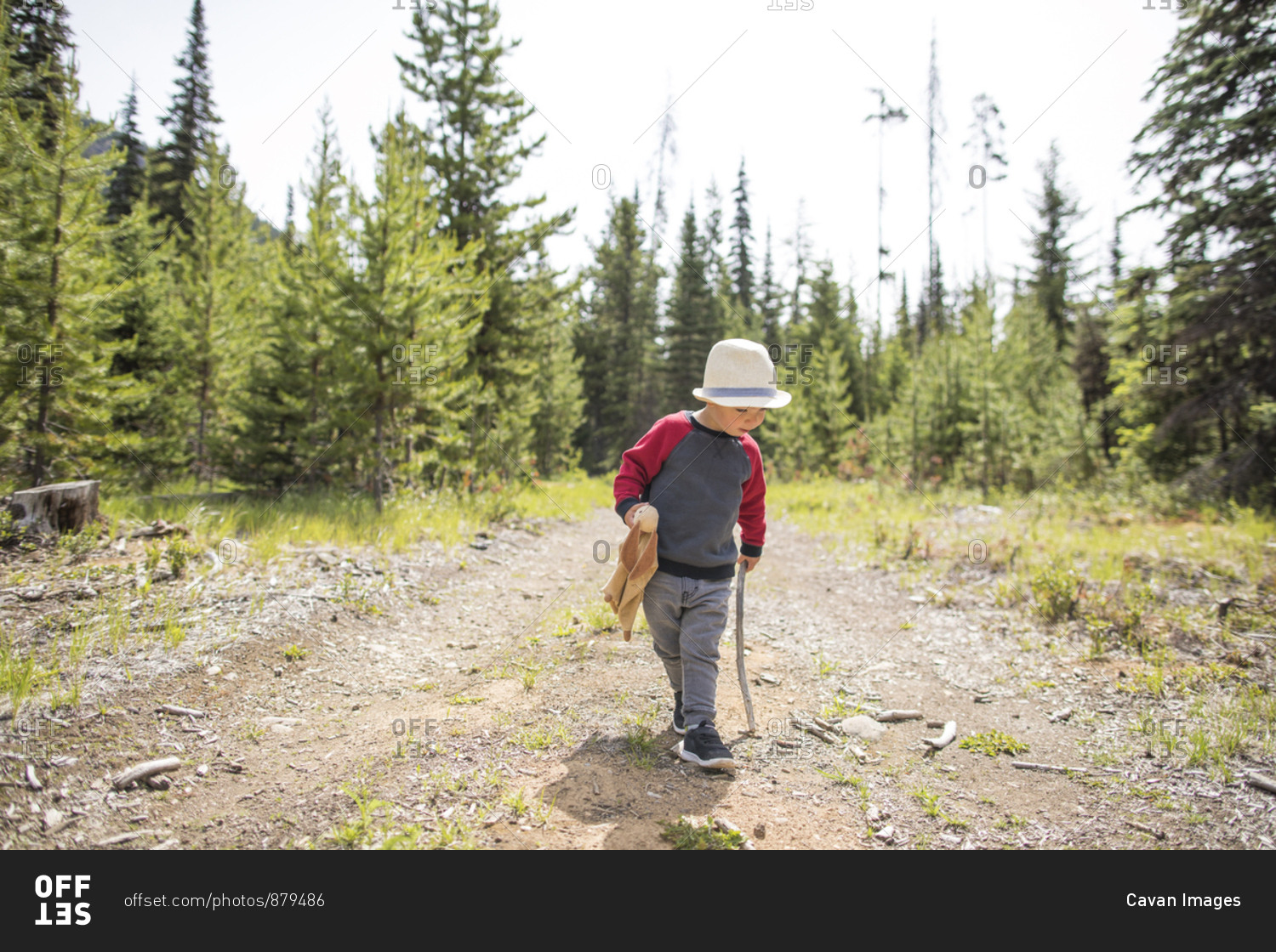Young care-free boy walking on dirt path with walking stick and bunny