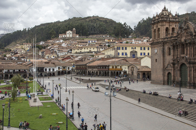 Peru, Cusco - October 21, 2016: High angle view of cathedral by houses in city