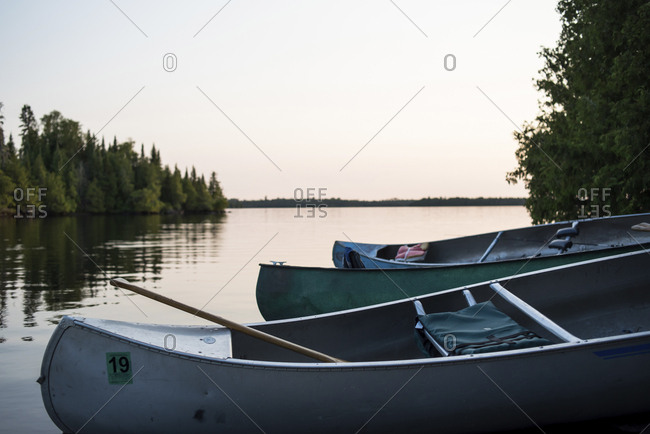 Canoes moored in lake against clear sky