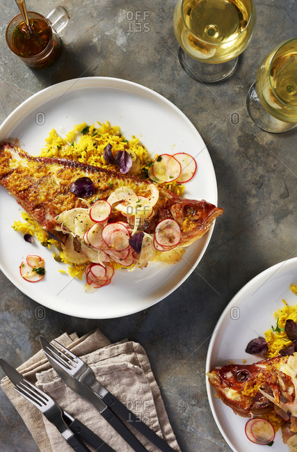 Overhead view of food served in plate on table at restaurant