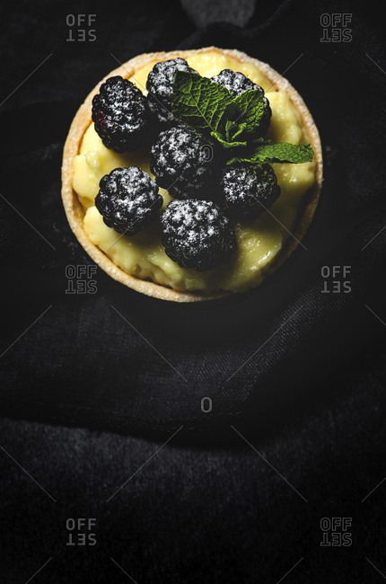 Homemade small cake with blackberry and delicious cream of vanilla and mint on dark background
