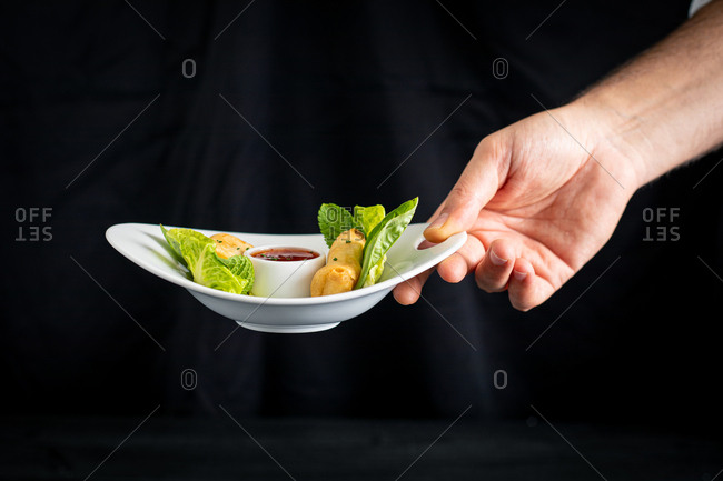 Round plate with red chili sauce and Vietnamese rolls with green in crop hands of cooker