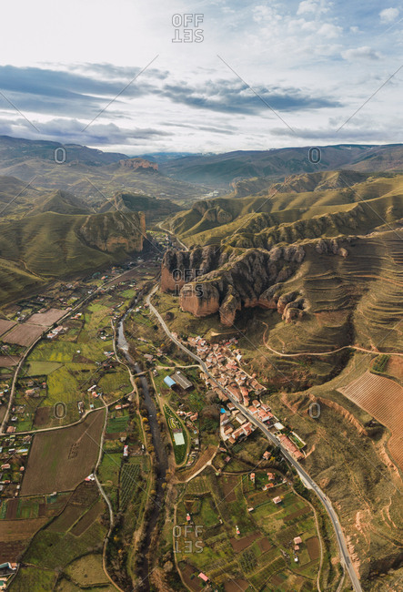 Aerial view of mountain chain and village landscape in Islallana, La Rioja, Spain