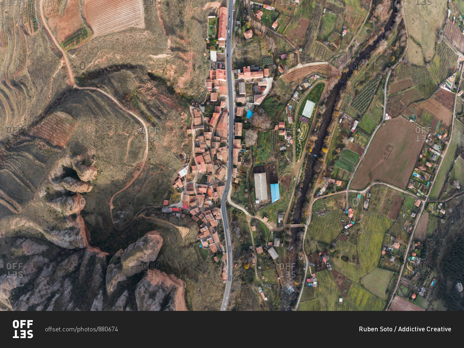 Drone view of rural town and road, in the village of Islallana, La Rioja, Spain