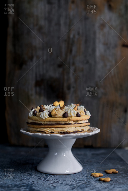 Layered shortbread cake with chocolate  and hazelnut cream