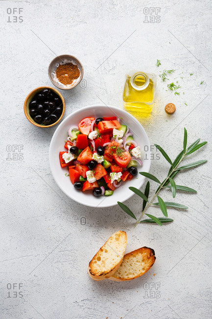 Greek salad on light background
