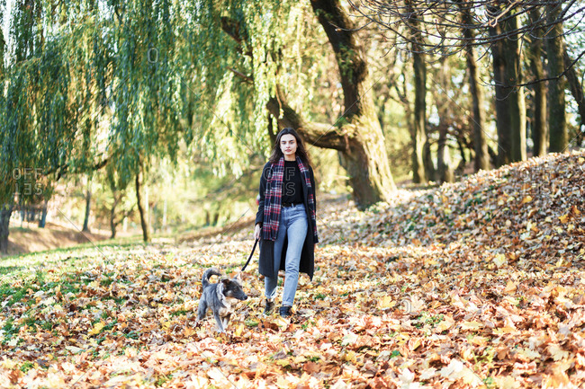 Woman walking with a very active and happy mixed-breed dog (mongrel) in the park
