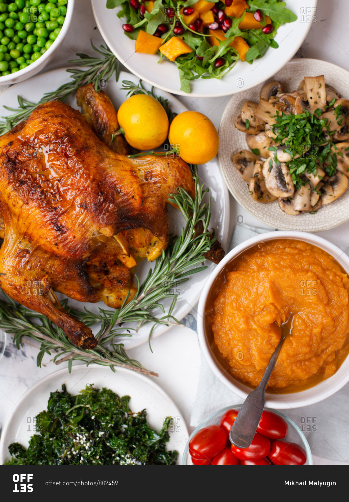 Thanksgiving dinner with roasted chicken and sides