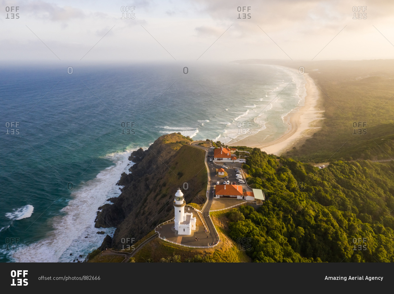 Aerial view of Cape Byron Lighthouse during the sunset, Australia