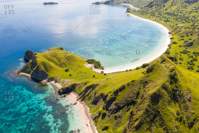 Aerial view of hidden beach at Padar islands during day, Indonesia.