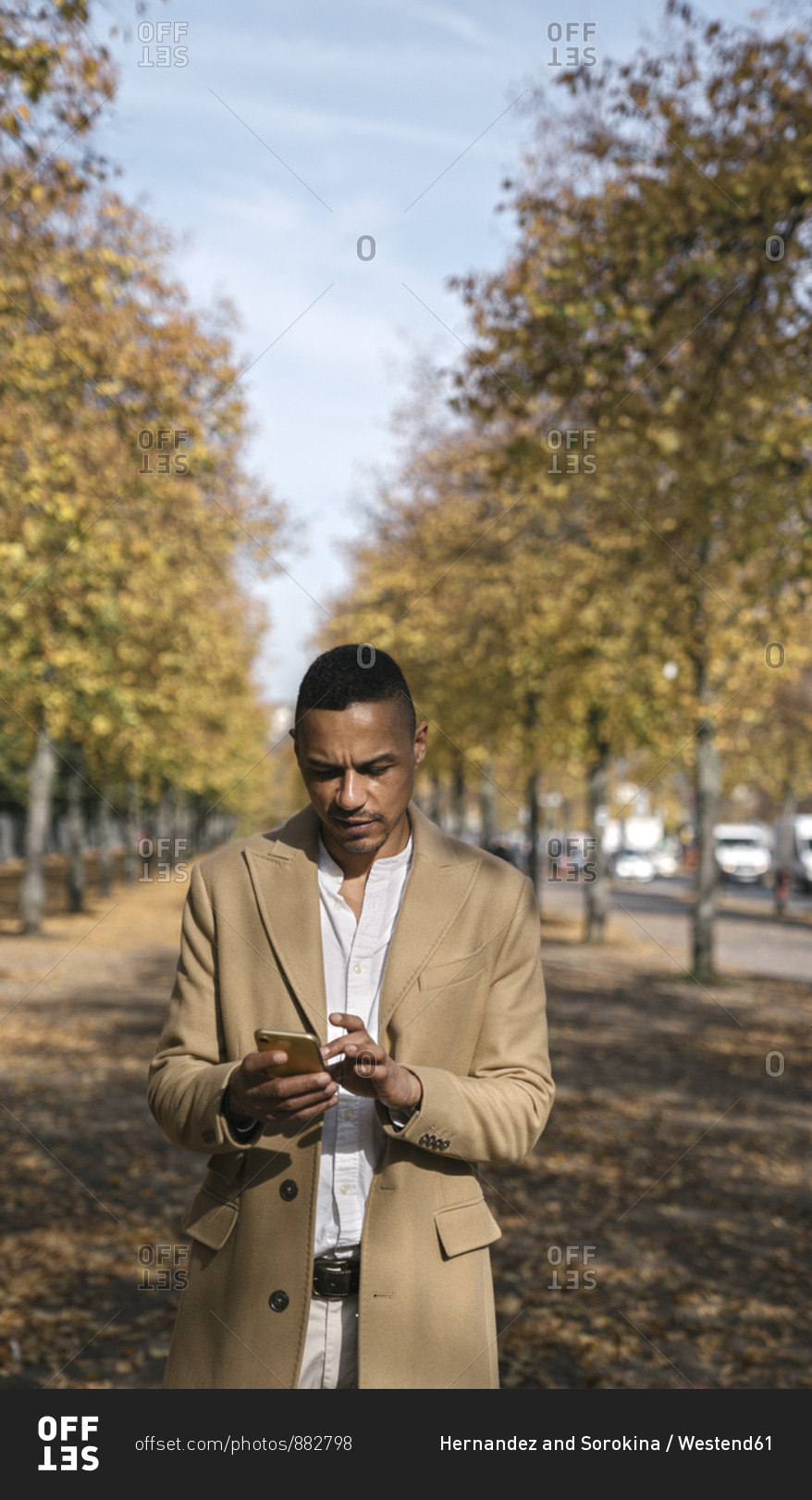 Portrait of businessman using smartphone in autumn