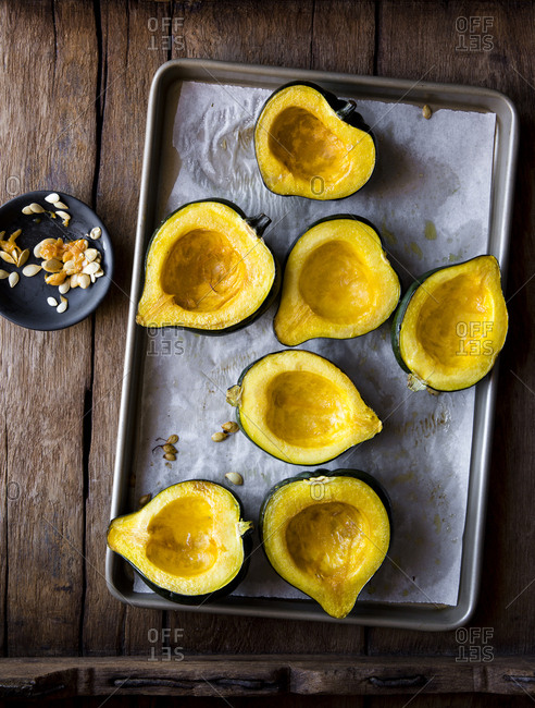 Roasted acorn squash on a pan