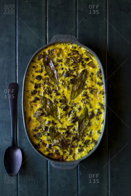 South African Bobotie dish with curried ground beef, baked with a rich savory custard