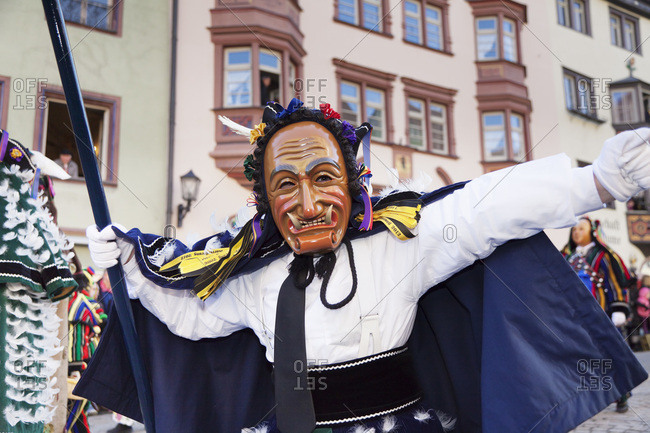 February 21, 2012: The statue of the federahannes, narrensprung in rottweil, rottweiler fasnet, rottweil, swabian-alemannic fastnacht fasnat, black forest, baden-wurttemberg, Germany