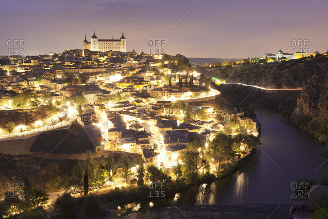 View over the tajo river to Toledo with alcazar, unesco world cultural heritage, kastilien-la mancha, spain