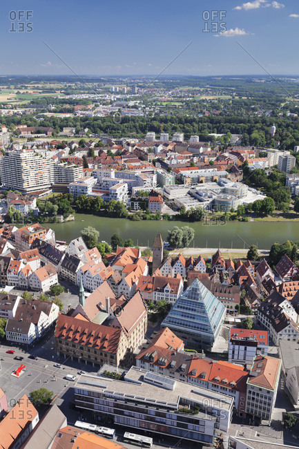 July 20, 2016: View from ulm minster to the old town with town hall, central library in glaspyramide and neu-ulm, ulm an der donau, baden-wurttemberg, Germany