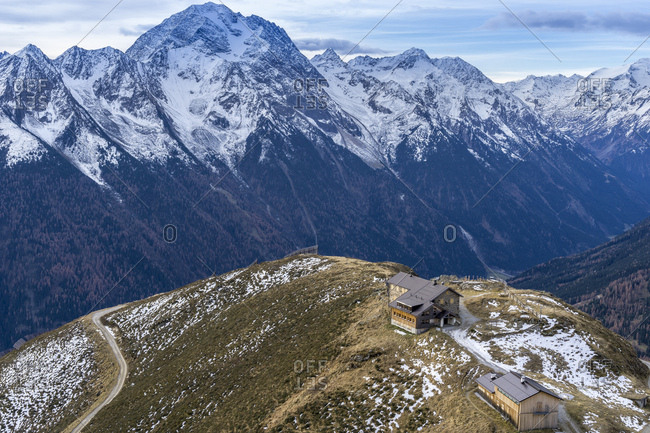 Austria, tyrol, stubai, neustift, view at the starkenburger hut and the stubai alps