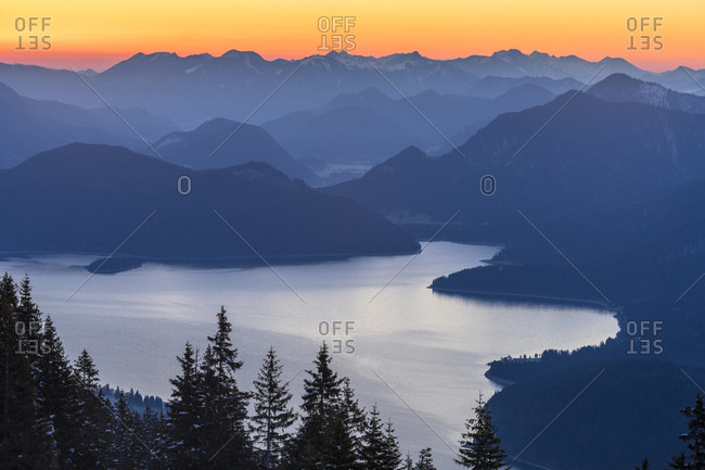 Germany, bavaria, walchensee, sunrise above the walchensee in bavaria