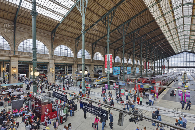 August 22, 2014: France, Paris, trains, hall, platforms, people