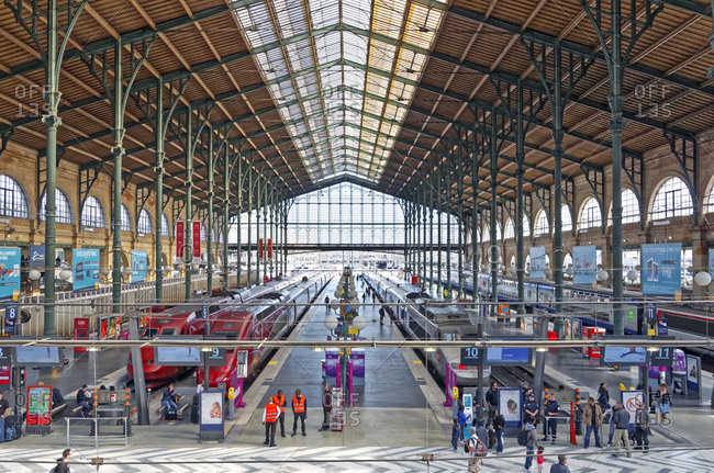 August 21, 2014: France, Paris, trains, hall, platforms, people