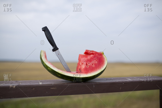 Knife sticking in melon on a wooden beam