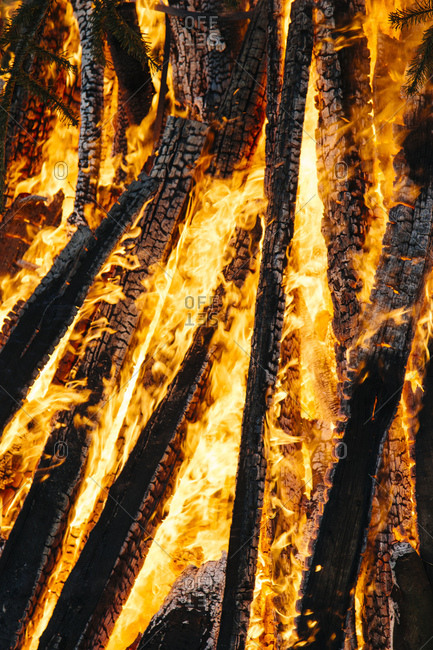 Close-up of logs burning in easter campfire