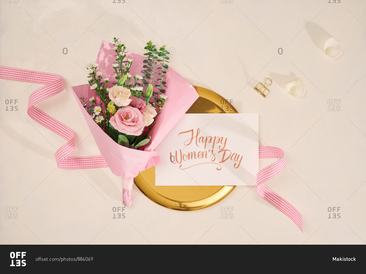 Happy valentines day with flower bouquet on white background. Top view, flatlay