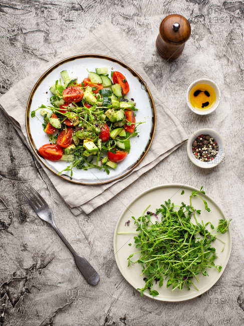 Vegetable salad with fresh tomatoes, avocado, cucumber and greens
