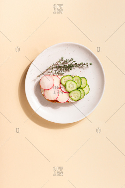 Bruschetta with organic cucumber and radish