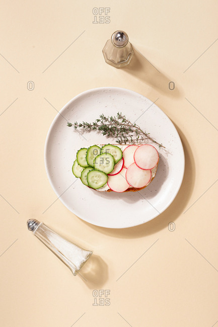 Sandwich with organic cucumber and radish