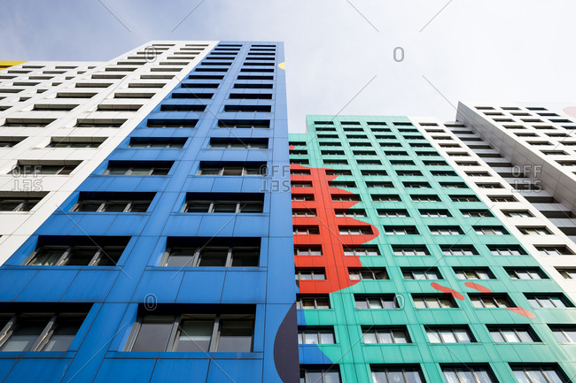 The colourful facade of an apartment tower block in Berlin, Germany