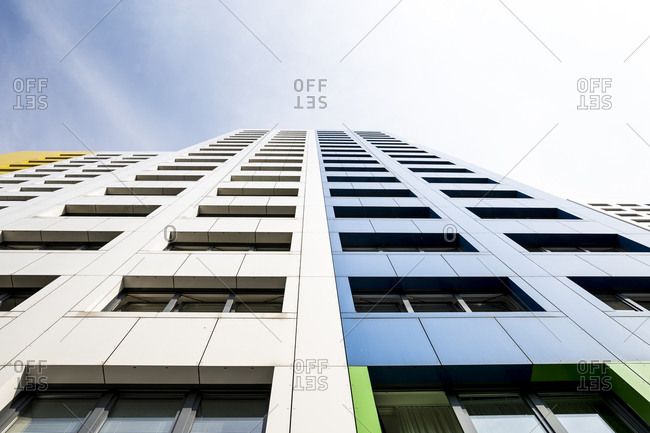 The colourful facade of an apartment tower block in Berlin, Germany